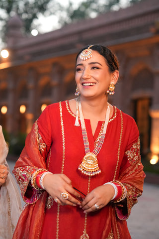 Red Crepe Ensemble with Zari Tissue Dupatta