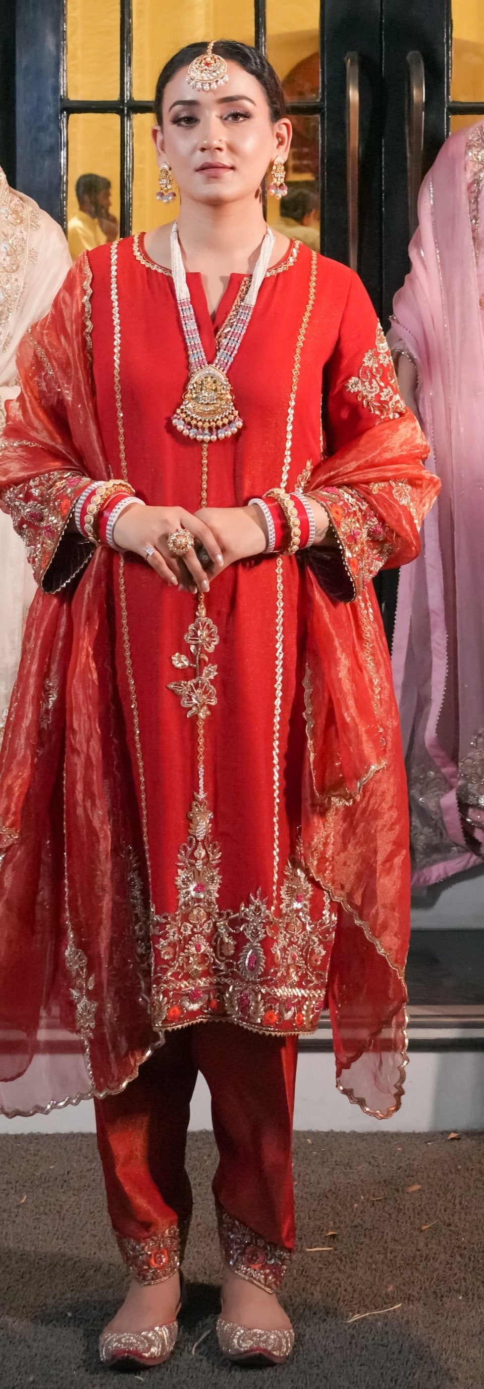 Red Crepe Ensemble with Zari Tissue Dupatta