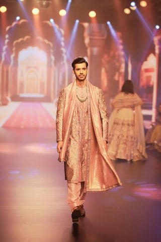 Opulent Zardozi Sherwani: Artisan-Crafted Onion Pink Ensemble