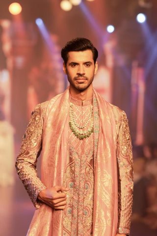 Opulent Zardozi Sherwani: Artisan-Crafted Onion Pink Ensemble