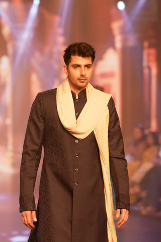 Regal Elegance: Blue Silk Nehru Jacket with Off-White Kurta and Pyjama Ensemble