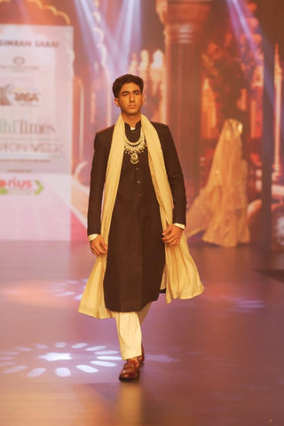 Regal Elegance: Raw Silk Nehru Jacket with Off-White Kurta and Pyjama Ensemble