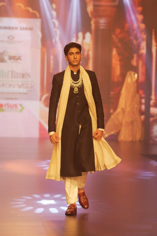 Regal Elegance: Raw Silk Nehru Jacket with Off-White Kurta and Pyjama Ensemble