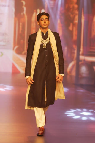 Regal Elegance: Raw Silk Nehru Jacket with Off-White Kurta and Pyjama Ensemble