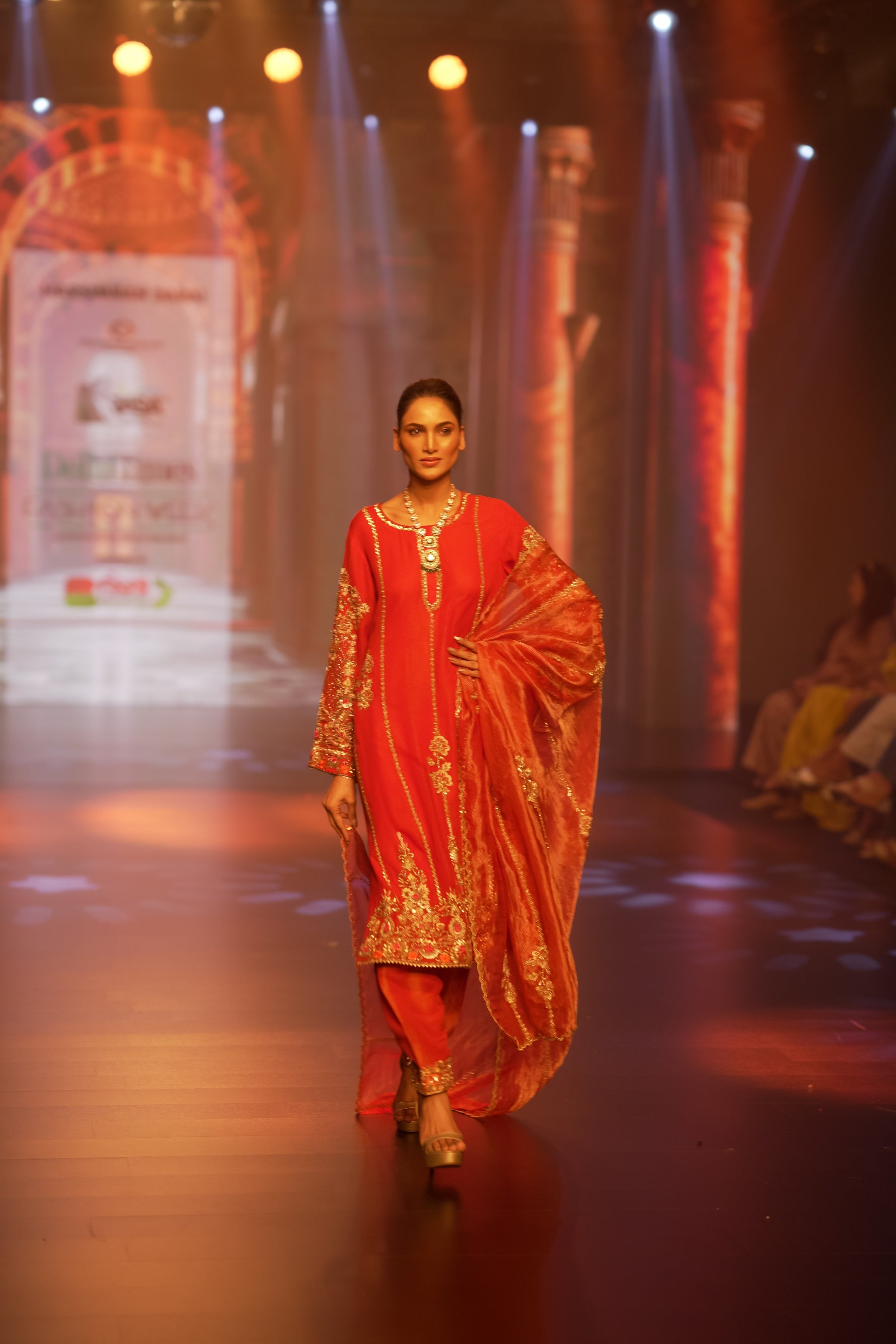 Red Crepe Ensemble with Zari Tissue Dupatta