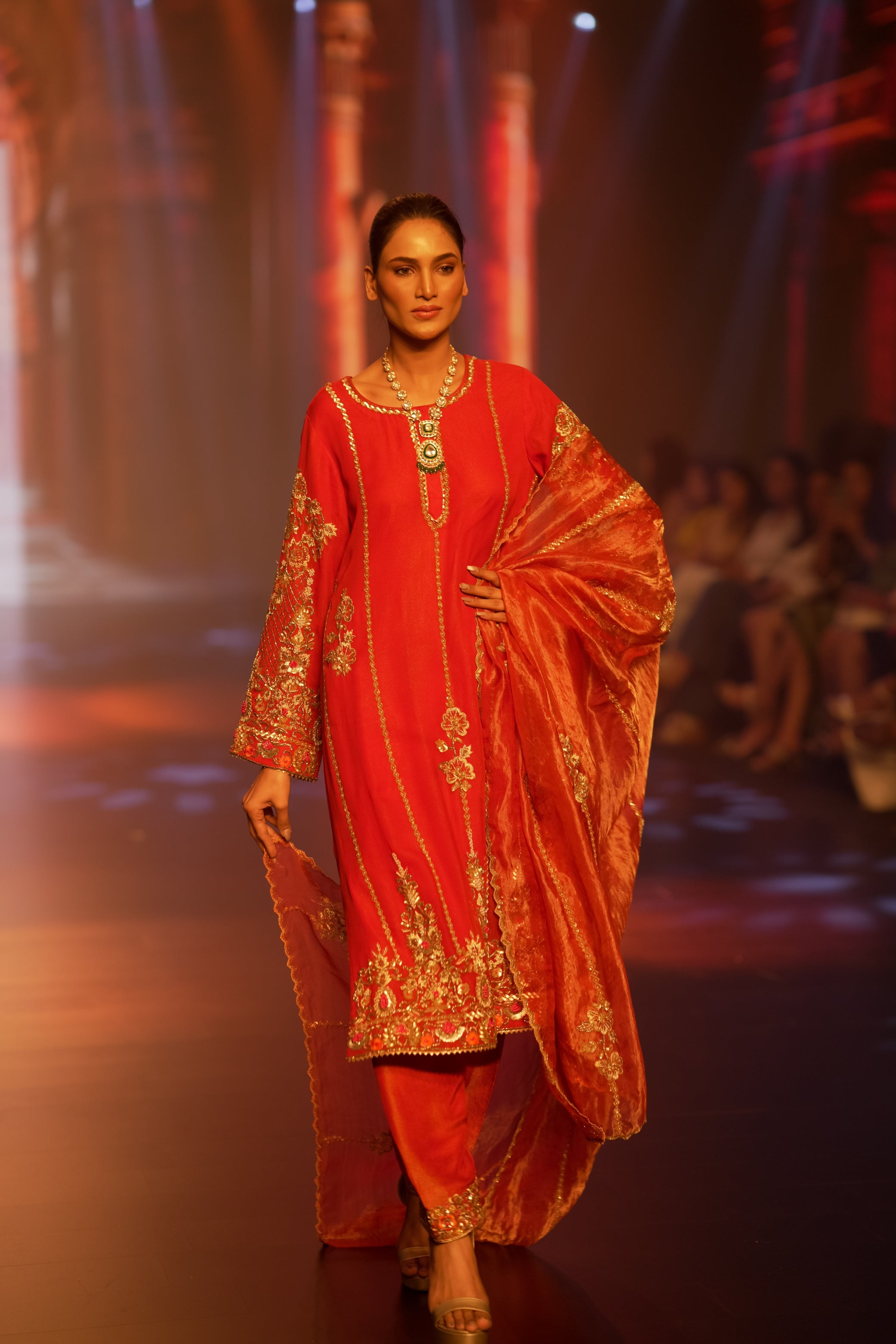 Red Crepe Ensemble with Zari Tissue Dupatta