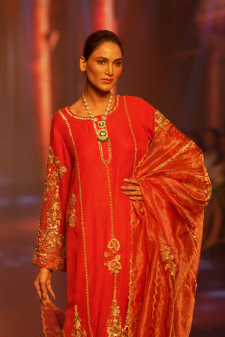 Red Crepe Ensemble with Zari Tissue Dupatta