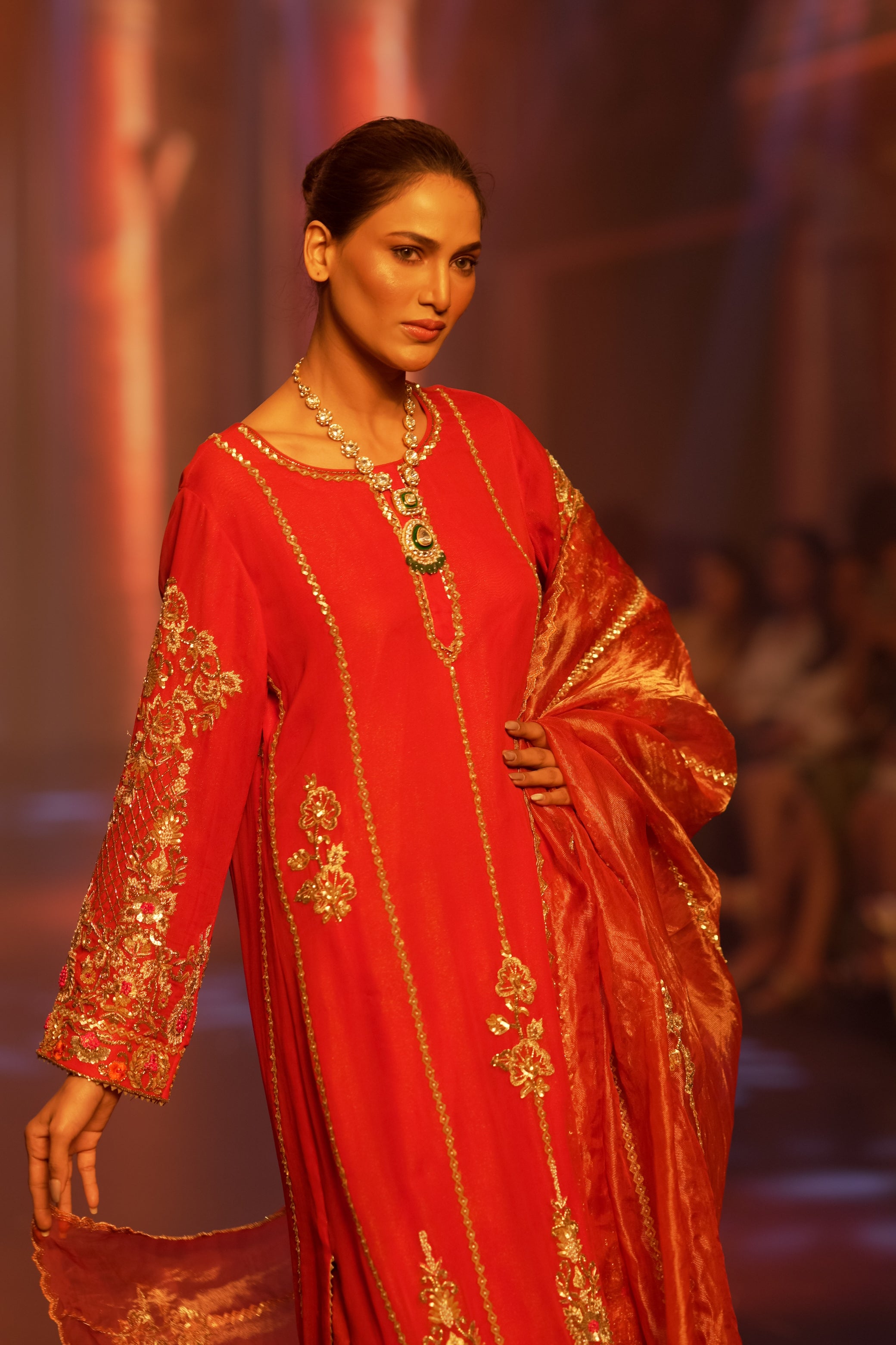 Red Crepe Ensemble with Zari Tissue Dupatta