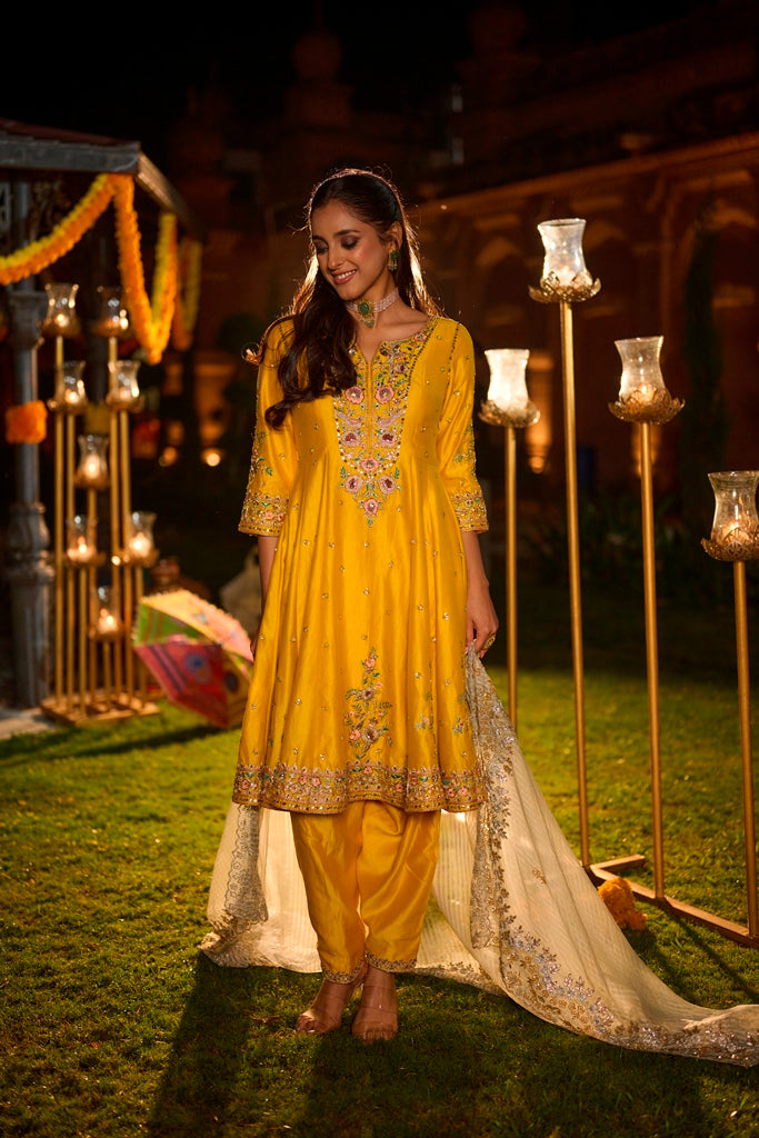 Yellow Silk Anarkali with heavy Dupatta