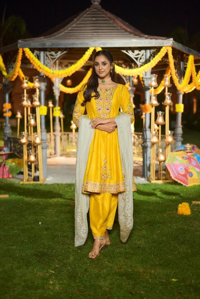 Yellow Silk Anarkali with heavy Dupatta