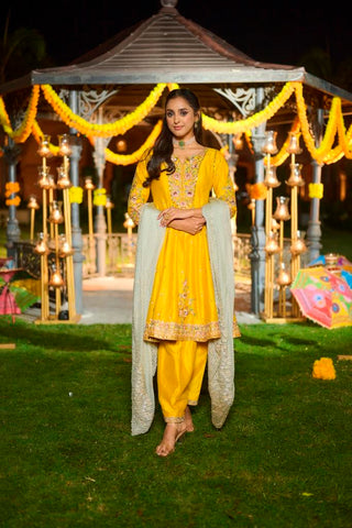 Yellow Silk Anarkali with heavy Dupatta