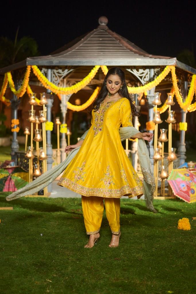 Yellow Silk Anarkali with heavy Dupatta