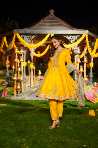 Yellow Silk Anarkali with heavy Dupatta