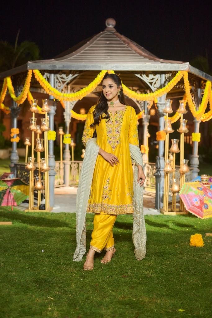 Yellow Silk Anarkali with heavy Dupatta