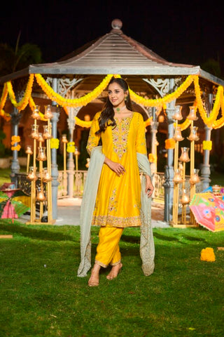 Yellow Silk Anarkali with heavy Dupatta