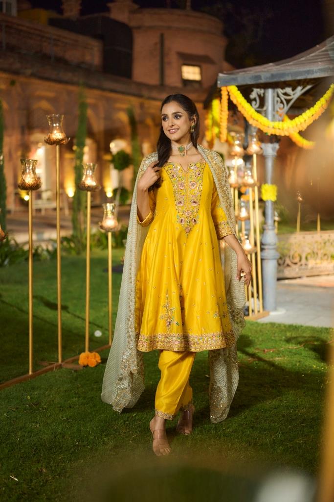 Yellow Silk Anarkali with heavy Dupatta