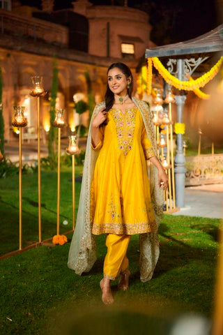 Yellow Silk Anarkali with heavy Dupatta