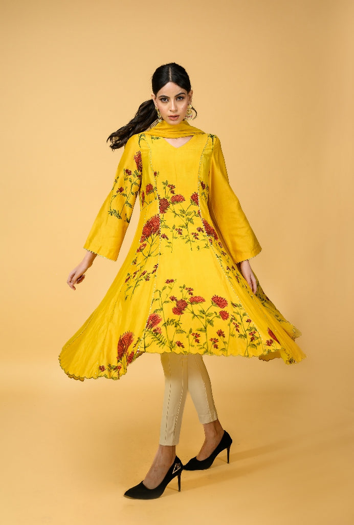 Yellow Chanderi Silk Anarkali