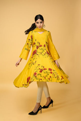 Yellow Chanderi Silk Anarkali